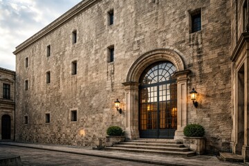Fototapeta premium Historic edifice with minimal window openings and one classic glass pane