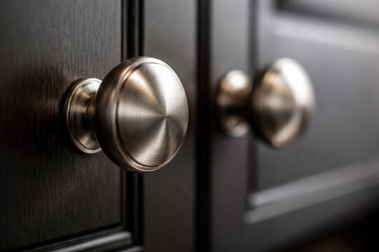 Macro shot of metallic knobs on kitchen cabinet doors