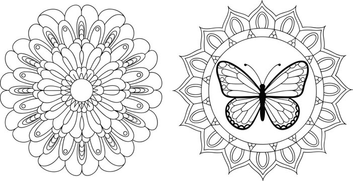 Intricate black and white floral patterns with ornate borders and symmetrical ornate border intricate details