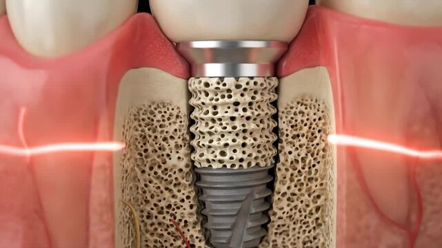 Dental implant structure showing titanium post and bone integration, suitable for medical education, dentistry marketing, surgery, and clinical research.