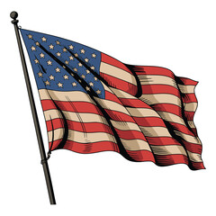 Vintage illustration american flag waving proudly on flagpole for national holidays and patriotic events. © MOSTKHADIZA