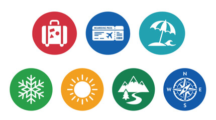 Fototapeta premium Collection of colorful icons representing travel, navigation, and outdoor adventure symbols on a white background