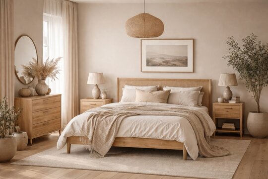 Scandinavian style bedroom featuring a beige decor and natural wood furniture setup