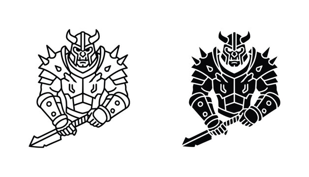 Armored orc warrior holding sword vector illustration set showcasing fantasy medieval character design in black and white for game assets or emblems