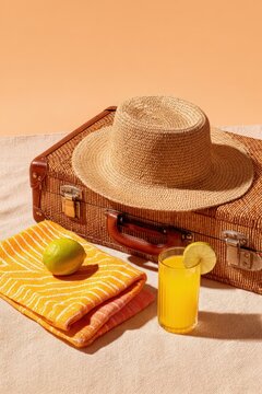 Isolated Memorial Day getaway kit with plain suitcase, straw hat, sandals, folded towel, citrus drin