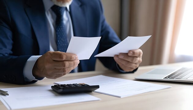 A man in a suit compares two papers at a desk