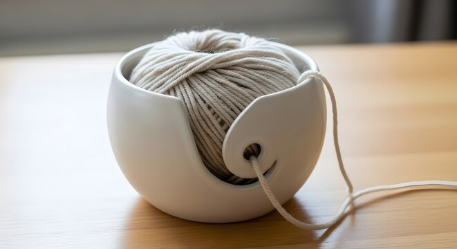 Ball of Yarn in Ceramic Holder for Knitting