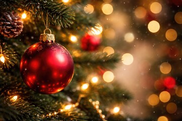 Fototapeta premium Macro view of Christmas bauble on tree with vibrant festive background and copy space