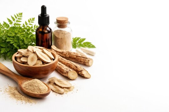 White background with copious copy space showcasing astragalus herbal medicine for wellness themes