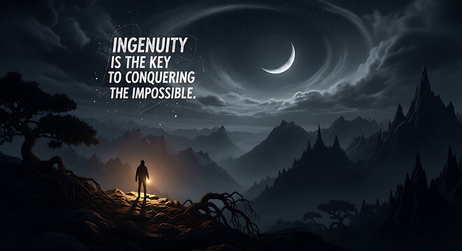 Crescent moon over mountain landscape with person holding light and quote ingenuity is key to conquering impossible showing human determination in dark rocky wilderness under starry night sky scene.