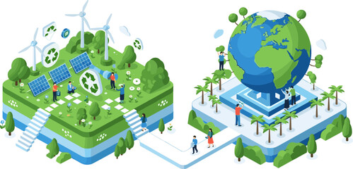 Isometric Green Energy and Smart City Vector Illustration with Solar Panels, Wind Turbines, Earth Globe, and Sustainable Infrastructure for Eco Technology and Environmental Designs © monoara