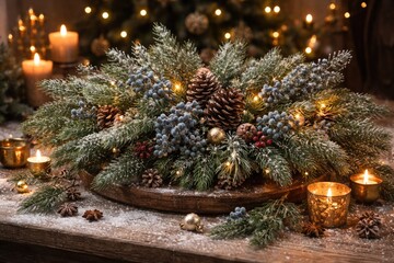 Fototapeta premium Festive juniper adorned winter holiday centerpiece