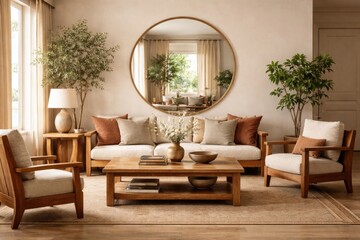 Obraz premium Inviting living room with wooden seating and chair paired with a large mirror on the facing wall