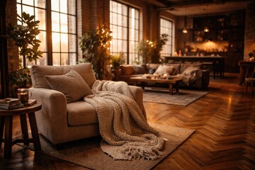 Obraz premium Upscale loft style studio apartment with wooden parquet floor and cozy chair featuring a soft warm blanket