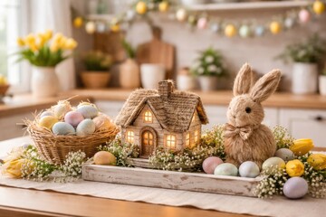 Fototapeta premium Inviting kitchen setup with a miniature house, festive Easter eggs, and a rabbit decoration