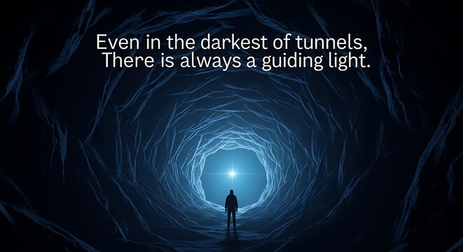 Guiding light in the darkness abstract person stands in a cavernous tunnel with a bright star at the end symbolizing hope and resilience in adversity.