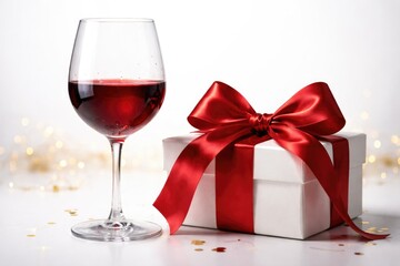 Fototapeta premium A festive glass of red wine paired with a present wrapped in red satin bow on a clean white backdrop for celebratory moments