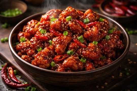 Bowl of crunchy chilli chicken appetizer with bold sweet and spicy flavors