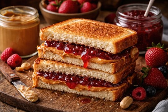 Yummy homemade PB and J sandwich with ripe fruit jelly