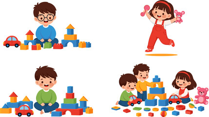 Kids Playing with Toys Vector Illustration Set with Children Building Blocks, Playing Cars, and Fun Activities for Education, Preschool, and Childhood Development Designs © monoara