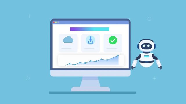 Friendly robot assistant interacting with automated dashboard featuring cloud download, data retrieval, analytics charts, and progress indicators in smooth animation, representing access to stored dat