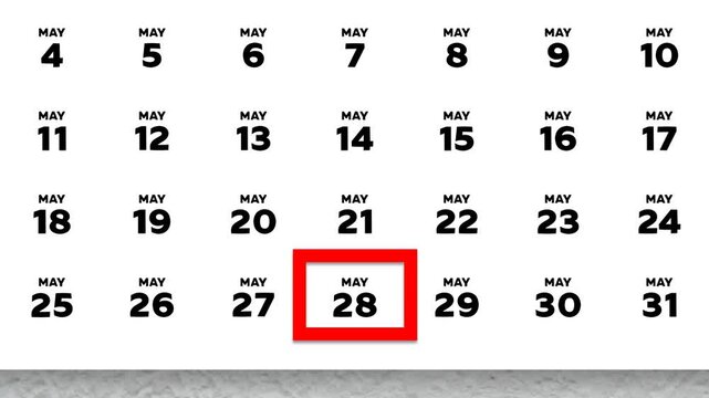 The date May 28th marked with a red cursor on the wall calendar 2026
