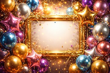 Fototapeta premium Festive celebration with shiny foil balloons around a decorative frame