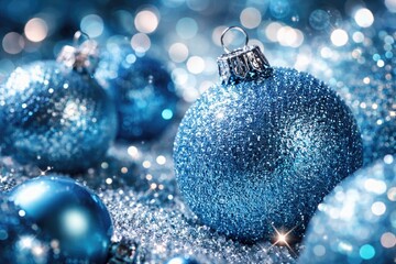 Obraz premium Macro view of sparkling azure festive ornaments surrounded by blurred light bokeh for holiday decor