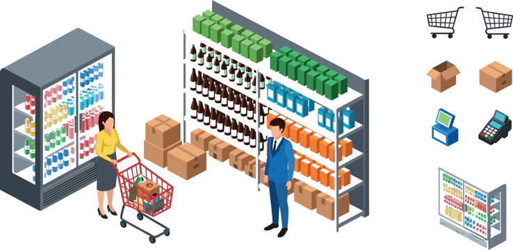 Supermarket shopping scene with customers, grocery shelves, refrigerator display, and retail elements in isometric vector illustration set