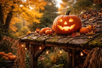 Obraz premium Cheerful carved pumpkin sitting on rustic garden shelter roof in autumn