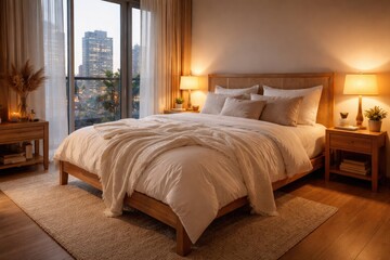 Obraz premium Stylish bedroom setup with white blanket and warm lighting on oak bed ideal for everyday condo comfort
