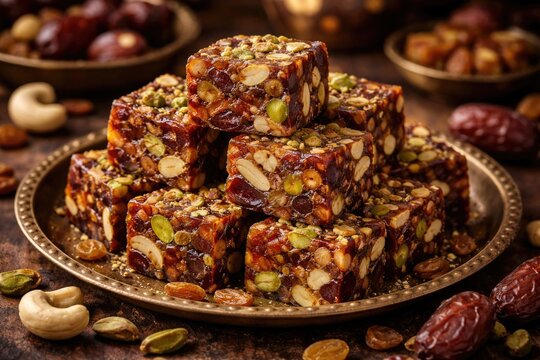 Sweet dry fruit barfi with a blend of dates cashews pistachios and raisins