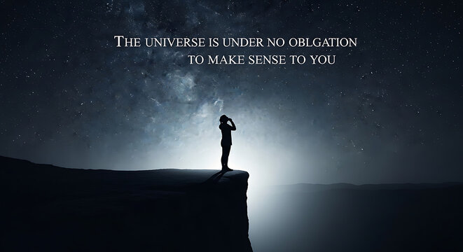 Silhouette of man watching stars from cliff edge with neil degrasse tyson quote about universe under no obligation to make sense to you scientific perspective on reality astronomy theme wallpaper.