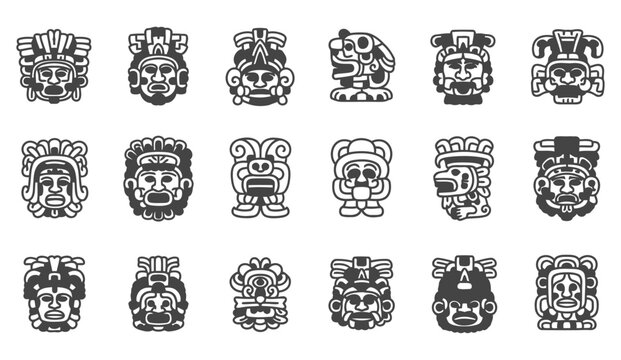 Collection of stylized black and white ancient mesoamerican masks and designs