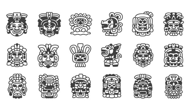 Collection of stylized black and white ancient mesoamerican masks and designs