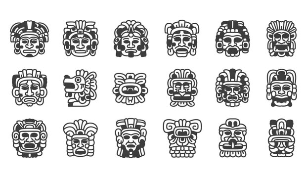 Collection of ancient mesoamerican masks and glyphs in black and white