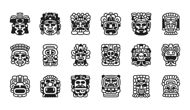 Collection of black and white tiki masks and stylized tribal faces