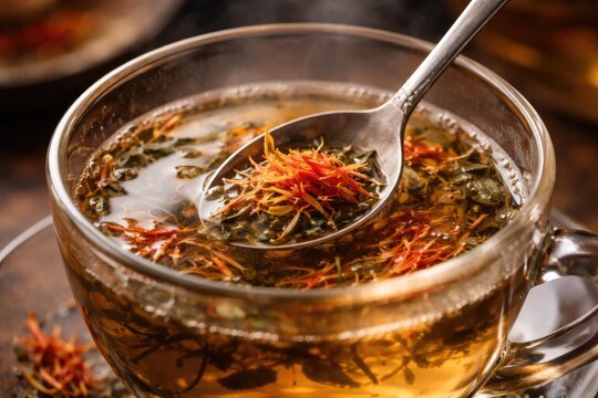 Closeup of herbal tea containing safflower with metal spoon
