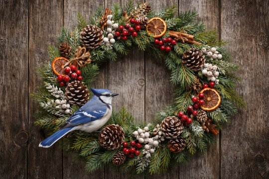 Seasonal Christmas wreath with organic accents and bluejay resting on weathered wooden background