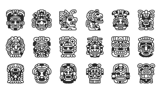 Collection of stylized black and white ancient mesoamerican mask designs