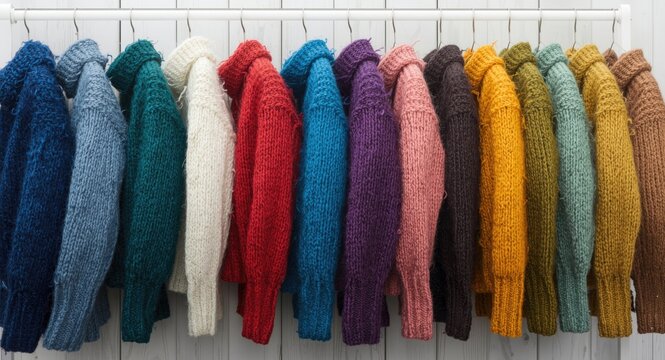 Display of vibrant wool pullovers set on a white natural wood surface