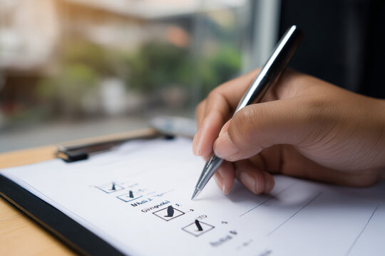 Checkliste wird mit Stift abgehakt &ndash; Qualit&auml;tssicherung, Kontrolle, Planung, Aufgabenliste, Projektmanagement, Business, Organisation, To-do, Copyspace
