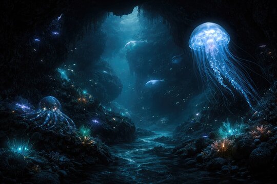 Enchanted deep sea landscape showcasing bioluminescent sea creatures and murky underwater caves
