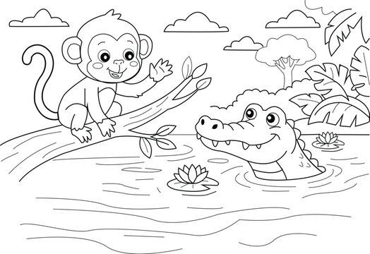 Cute cartoon monkey and crocodile in the jungle lake - Coloring page for kids