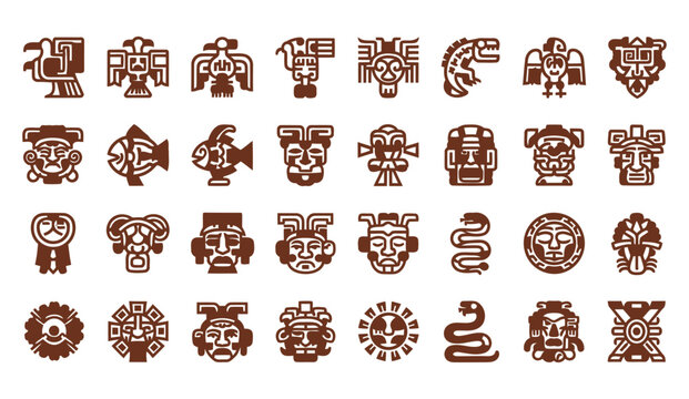 Collection of ancient mesoamerican and aztec inspired glyphs and icons