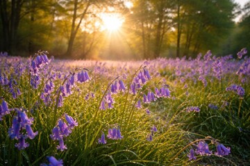 Obraz premium Morning glow over wild bluebells in a vibrant spring field