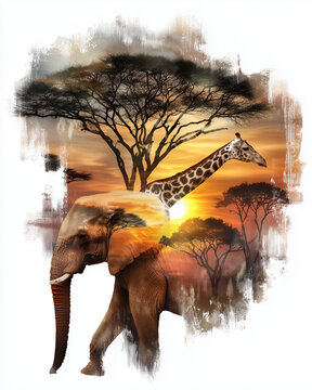 Afrika Collage mit Giraffe, Elefant und Akazienbaum bei Sonnenuntergang &ndash; kreative Illustration, Safari, Wildtiere, Natur, Savanne, Kunst, Reise, Copyspace