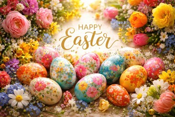 Obraz premium Happy Easter scene featuring vibrant floral patterns and festive eggs