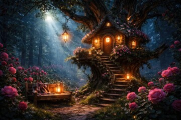Fototapeta premium Whimsical gnome home perched in tree with glowing lantern and cozy bench in a magical forest filled with vibrant rose blossoms under moon rays