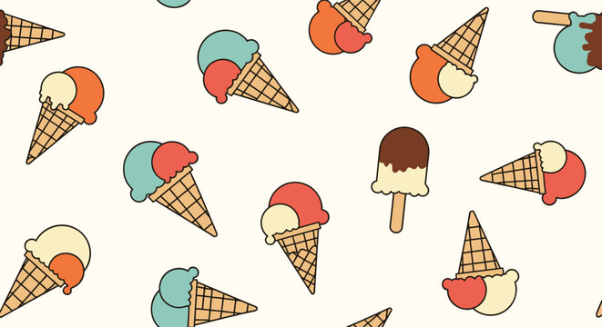 Seamless background pattern featuring colorful ice cream cones and a chocolate popsicle on a light cream surface for summer.